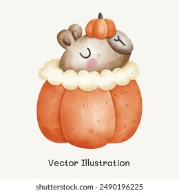 Cute Capybara set. Capybara with pumpkins. Capybara in Halloween Day. Cute animal capybara. Vector Illustration