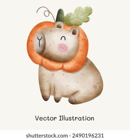 Cute Capybara set. Capybara with pumpkins. Capybara in Halloween Day. Cute animal capybara. Vector Illustration