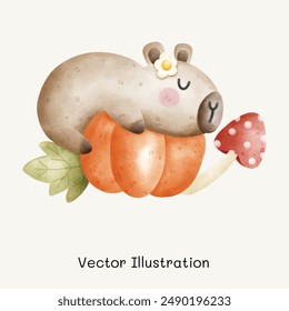 Cute Capybara set. Capybara with pumpkins. Capybara in Halloween Day. Cute animal capybara. Vector Illustration