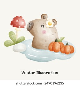 Cute Capybara set. Capybara with pumpkins. Capybara in Halloween Day. Cute animal capybara. Vector Illustration