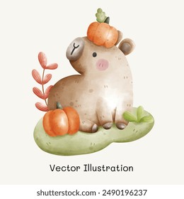 Cute Capybara set. Capybara with pumpkins. Capybara in Halloween Day. Cute animal capybara. Vector Illustration