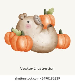 Cute Capybara set. Capybara with pumpkins. Capybara in Halloween Day. Cute animal capybara. Vector Illustration