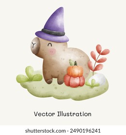 Cute Capybara set. Capybara with pumpkins. Capybara in Halloween Day. Cute animal capybara. Vector Illustration