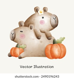 Cute Capybara set. Capybara with pumpkins. Capybara in Halloween Day. Cute animal capybara. Vector Illustration