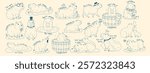 Cute capybara set with text. Set of exotic rodents swimming in pond, relaxing, eating leaves, walking. Crayon texture. Hand drawn vector illustration