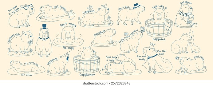 Cute capybara set with text. Set of exotic rodents swimming in pond, relaxing, eating leaves, walking. Crayon texture. Hand drawn vector illustration