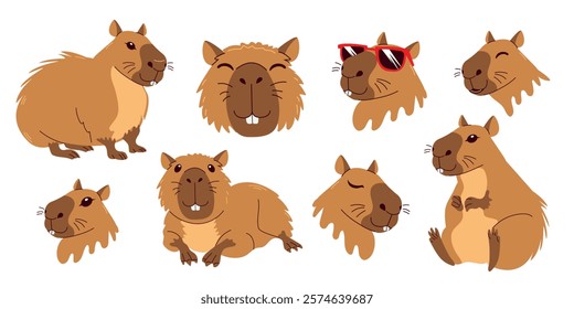 Cute capybara set. Various postures and expressions, white background. Funny flat cartoon animal collection. Hand drawn capibara isolated print design for sticker, postcard, tshirt.