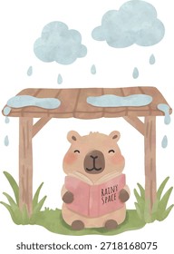 Lindo Capybara refugiándose de la lluvia bajo techo de madera