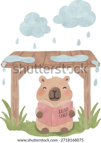 Cute Capybara Sheltering from Rain Under Wooden Roof