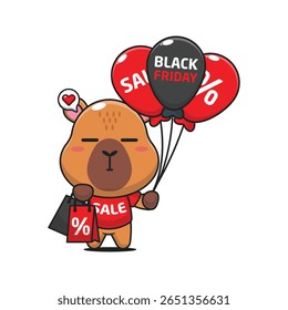 cute capybara  with shopping bag and balloon at black friday sale cartoon vector illustration