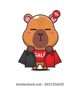 cute capybara with shopping bag in black friday sale cartoon vector illustration