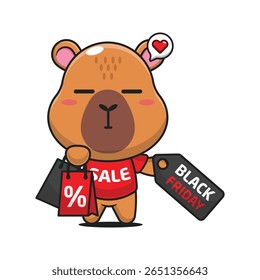 cute capybara with shopping bag and black friday sale discount cartoon vector illustration	