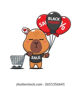 cute capybara with shopping cart and balloon at black friday sale cartoon vector illustration