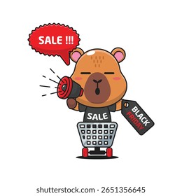 cute capybara in shopping cart is promoting black friday sale with megaphone cartoon vector illustration