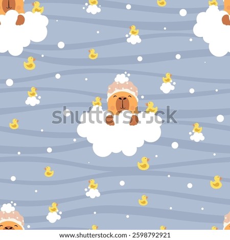 Cute Capybara with shower cap. Funny animal character takes a bath. Capybara swims with a yellow duck and bubbles