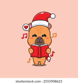 Cute capybara sing a christmas song. Cartoon vector illustration in Christmas day.