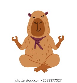 Cute capybara sits in an asana, does yoga and relaxes. Vector illustration in flat style. Funny animal capibara character rodent for cards, design, print, kids collection. Hand drawn Vector art.