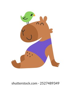 Cute capybara sits with a bird on its face. Funny animal. Vector free hand flat isolated illustration