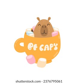 El capibara se sienta en una taza. Copa de cacao con malvaviscos. Ilustración acogedora con el capibara de dibujos animados en una taza