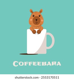 Lindo Capybara se sienta en una taza de café. Animal divertido Coffeebara