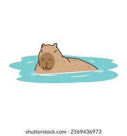 Cute capybara. The capybara sits in the water and squints with pleasure. A semi-aquatic mammal. Vector illustration in a simple flat style.