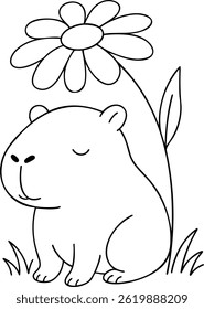 A Cute capybara sitting beside flower, evoking peaceful spring vibe