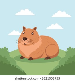 Cute capybara sitting in the grass with a peaceful expression. Illustration, print, postcard for children.	