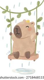 Capibara lindo sentado en el columpio bajo la lluvia Ilustración de acuarela