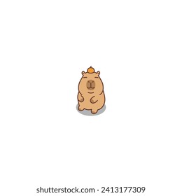 Cute capybara sitting with orange on head cartoon, vector illustration