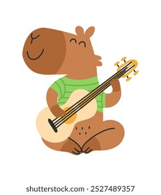 Cute capybara sitting and playing guitar. Funny animal. Vector free hand flat isolated illustration