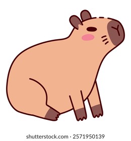 Cute Capybara Sitting and Resting Illustration in Flat Style. Adorable Cartoon Animal Design, Perfect for Children's Books, Stickers, Merchandise, and Nature-Themed Projects