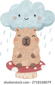 Capibara lindo sentado bajo la acuarela sonriente de la nube de lluvia