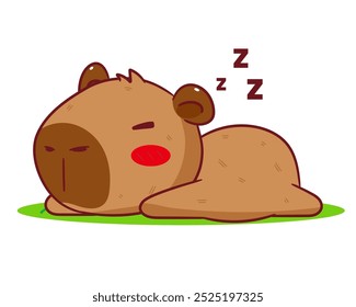 Cute Capybara Sleeping Cartoon Vector. Adorable and Kawaii Animal Concept Design. Hand drawn style. Icon Mascot Logo Illustration. Isolated White Background.