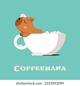 Cute Capybara Sleeping in a Cup of Coffee. Funny Animal Coffeebara