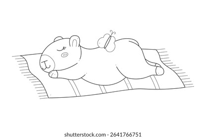 Cute capybara sleeping on a beach towel. Outline clip art for your projects.