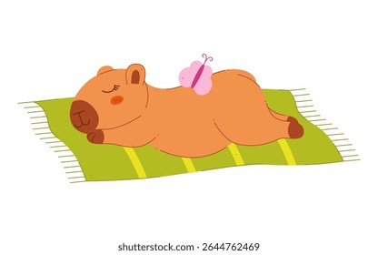 Capivara bonita dormindo em uma toalha de praia. Um clip-art colorido para seus projetos.