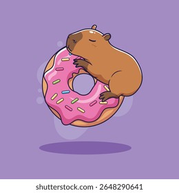 Capivara linda dormindo em uma rosquinha. Ilustração vetorial de uma capivara