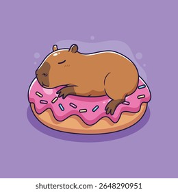Capivara bonita dormindo em um Donut. Ilustração vetorial