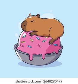 Cute Capybara Sleeping on a Pink Ice Cream. Vector illustration