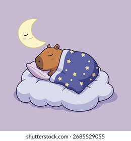 Lindo capibara durmiendo bajo la luna en una nube. Ilustración vectorial	
