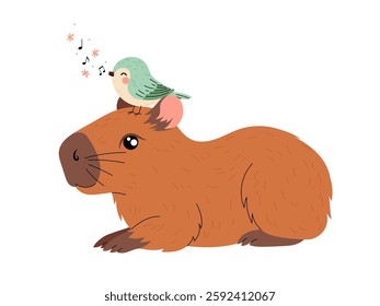 Cute capybara with a small bird on his head. Singing spring bird. Hand drawn illustration on a white background.