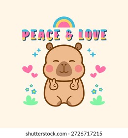 a cute capybara with a smiling expression with the words "Peace and Joy" and ornaments shaped like hearts, stars, rainbow and flowers. This vector design illustration is suitable for printing, t-shirt designs, animal themes and others