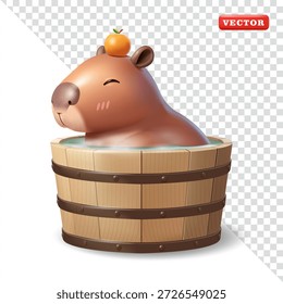 Niedliche Capybara Einweichen in heißem Wasser in einem Holzeimer, 3D-Vektor. Geeignet für Design-Elemente