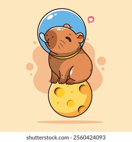 Cute capybara in a spacesuit on the moon. Vector illustration.