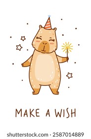 Cute сartoon capybara with sparkles isolated on white background - funny animal for Your Birthday greeting card design