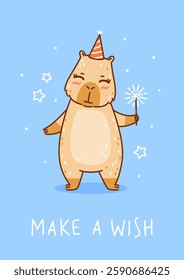 Cute сartoon capybara with sparkles on blue background - funny animal for Your Birthday greeting card design