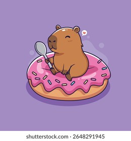 Capivara bonito com uma colher e donut. Ilustração vetorial.