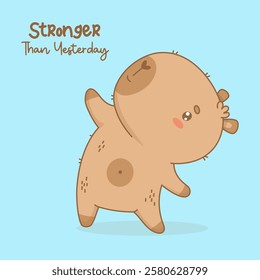 Cute Capybara sportsman is engaged in fitness. Cartoon kawaii animal Athlete with motivational quote. Vector illustration