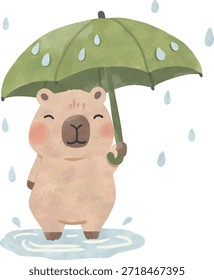 Capibara lindo de pie con el paraguas de la hoja en la lluvia