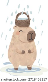 Capibara lindo de pie en la lluvia con la cesta en la cabeza ilustración de la acuarela